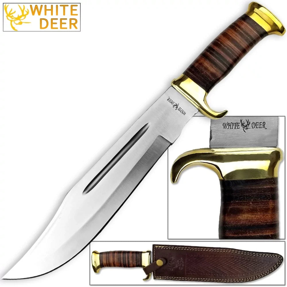 Outback DEER Handle Bowie High Carbon Knife Steel Leather WHITE American w MAGNUM Stainless