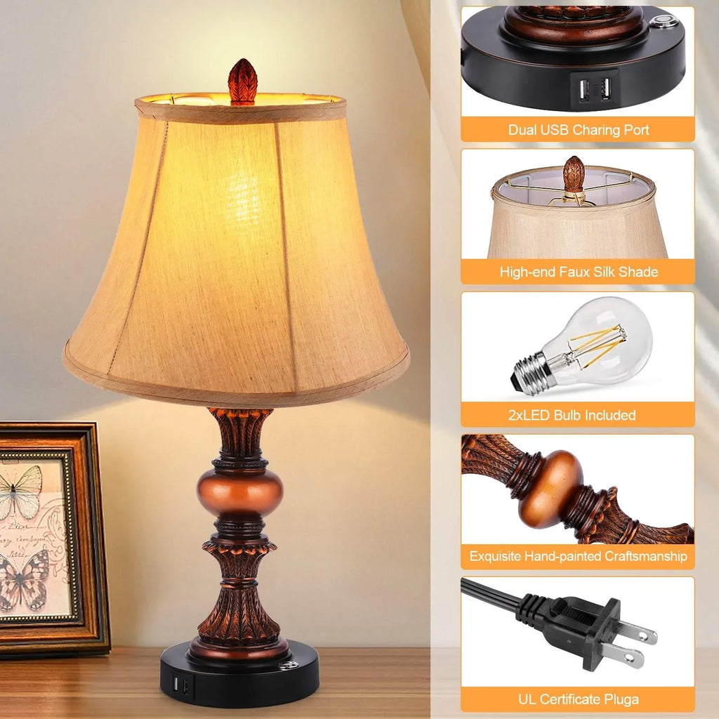 Sets with Port Lamp Lamps, 3-Way USB Table Lamp of 2 Bulbs Touch with Nightstand Traditional Set Lamp Dimmable Control LED Nictiv Free Bedside 2 Wooden Bedroom 4