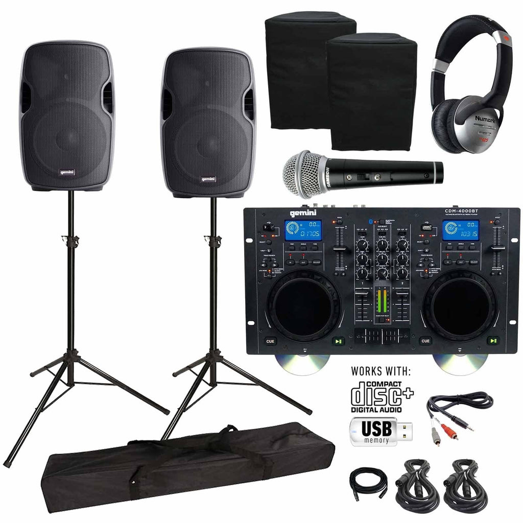 CD/MP3/USB Speaker Player AS-1500P & Bluetooth with 15" CDM-4000BT Gemini Active Woofers Media Package DJ