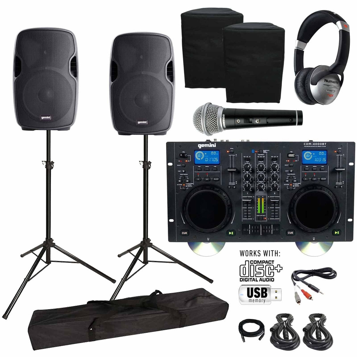 CD/MP3/USB Speaker Player AS-1500P & Bluetooth with 15" CDM-4000BT Gemini Active Woofers Media Package DJ