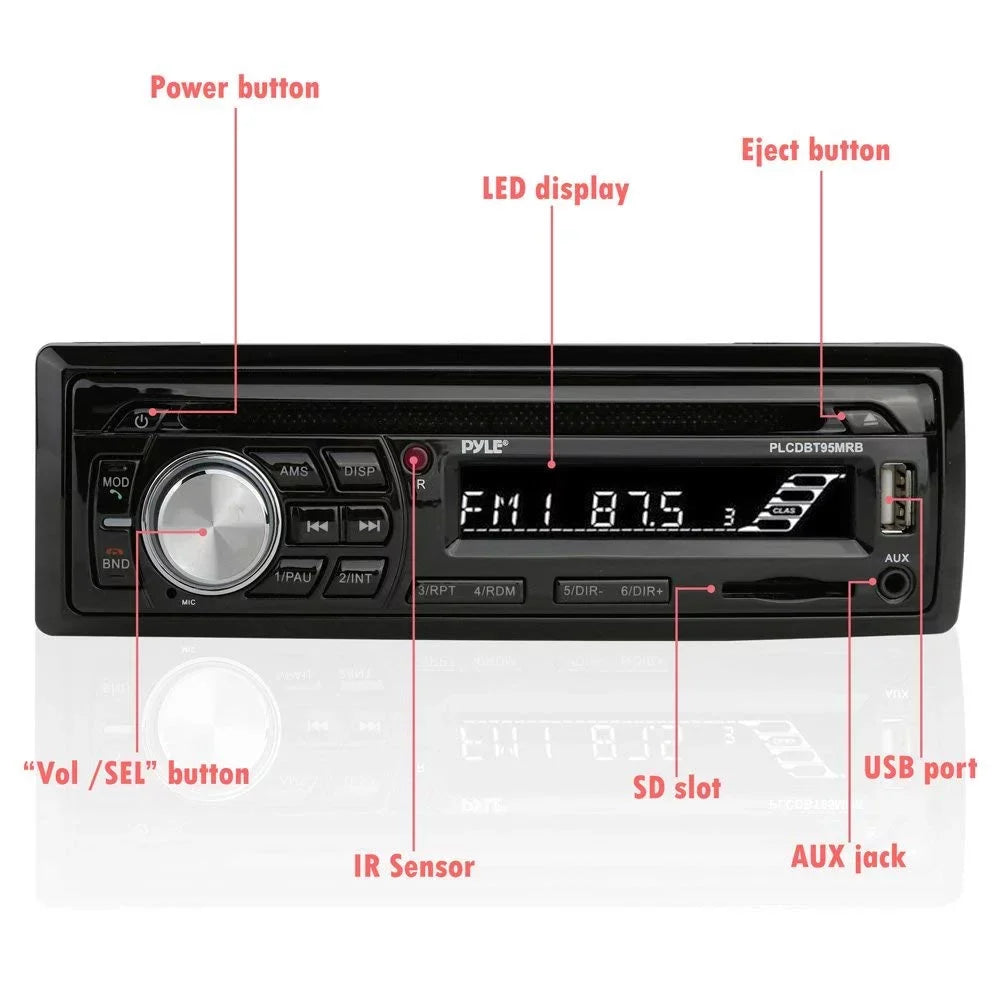 Radio Kit - DIN Audio Stereo & Calling, CD AM/FM Waterproof PLCDBT95MRB Hands-Free Wireless Size Marine 6.5" Bluetooth MP3/USB/SD w/Single Player, Receiver, Radio Speakers, - Readers PYLE Universal