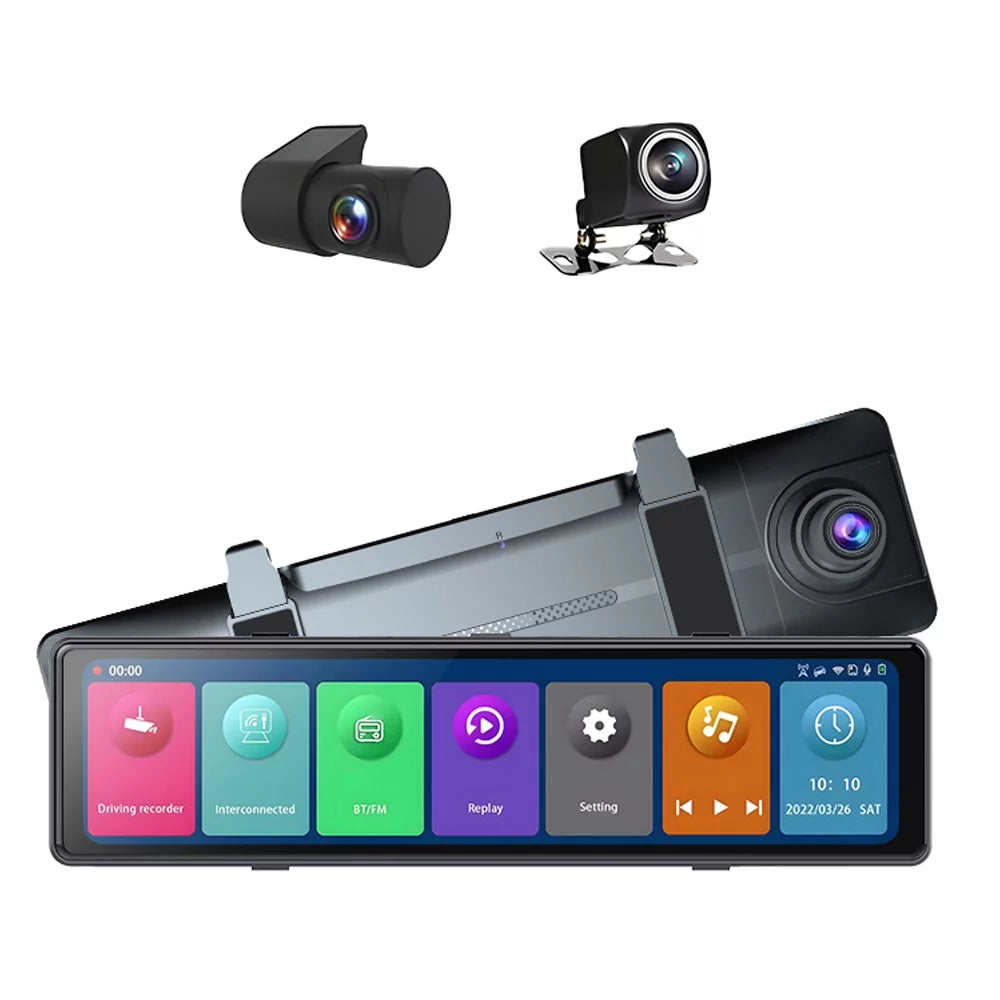 BT Recording Cameras, 2.5K Video 12in Cam: the Touchscreen, Moment Mirror Capture Connectivity, 3 - Auto Driving on Rearview - Clear Every Dash Road Recorder