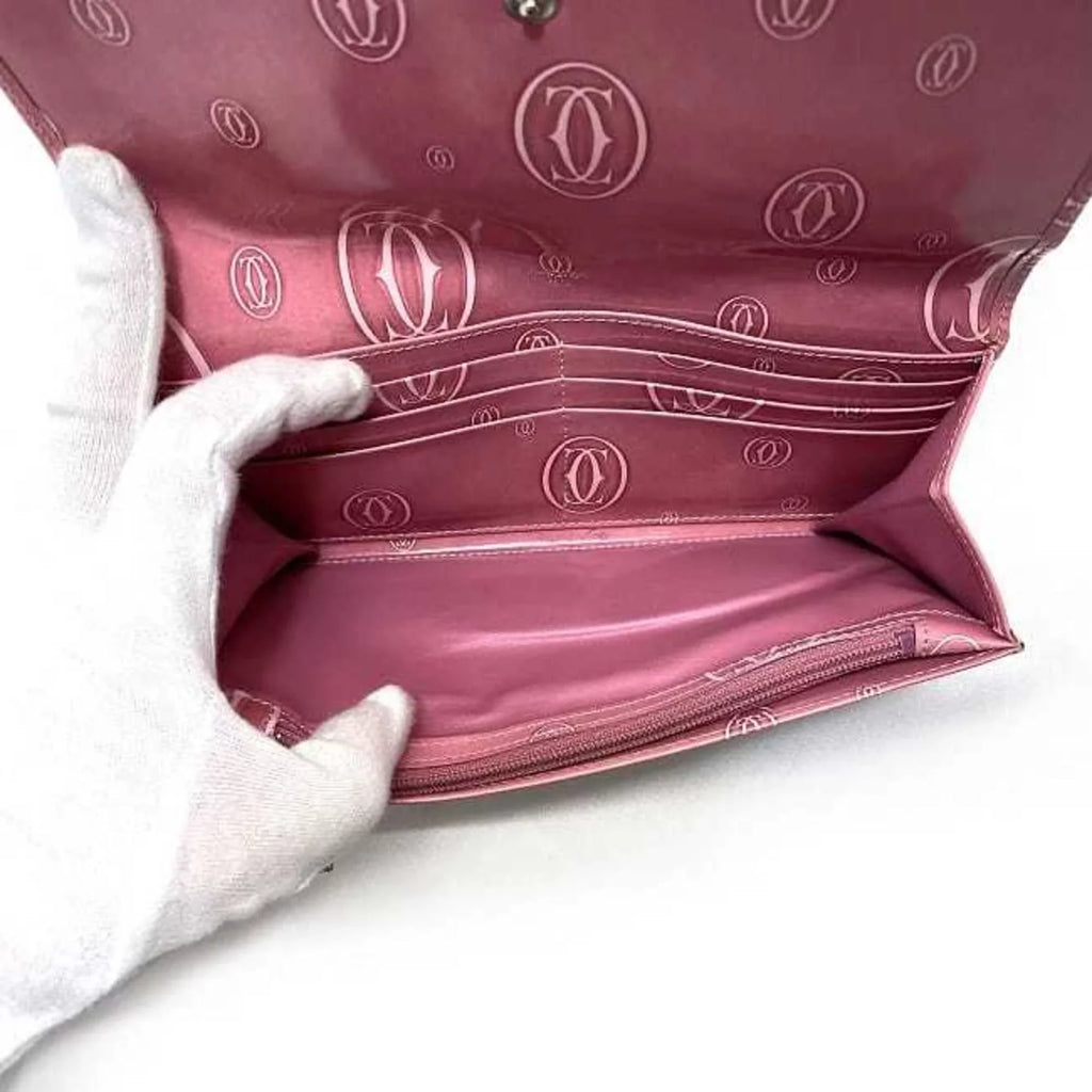 2C Bifold Happy L3000951 Birthday Wallet Pink Leather Pre-Owned Motif Ladies (Fair) Long Cartier