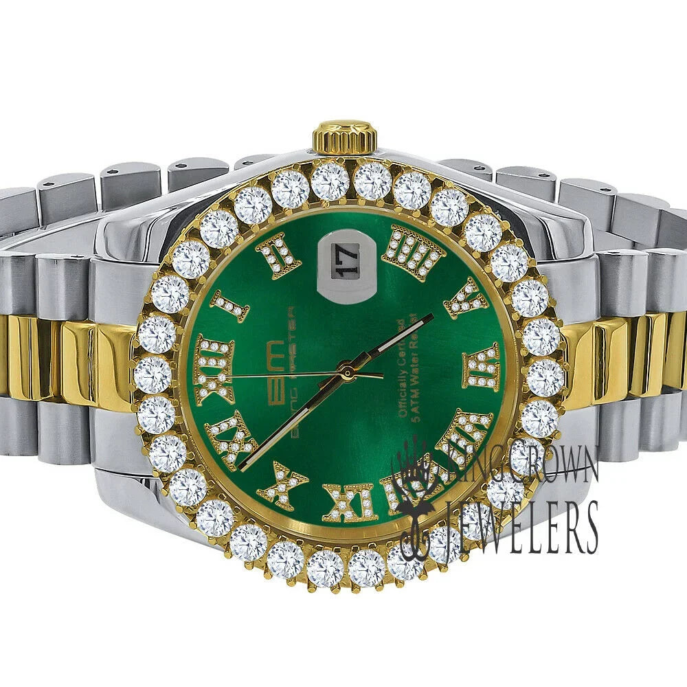 Watch Diamond Gold Mens 2 Green 42mm Dial Face 18k Full Stainless Numbers Tone Steel Roman