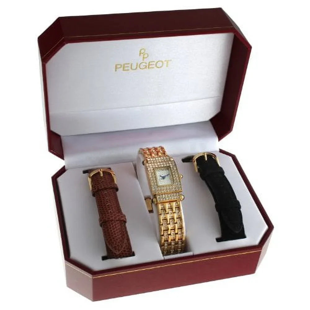 Bands 691G Crystal-Accented Interchangeable Peugeot Two Gold-Tone Women's with Leather Watch