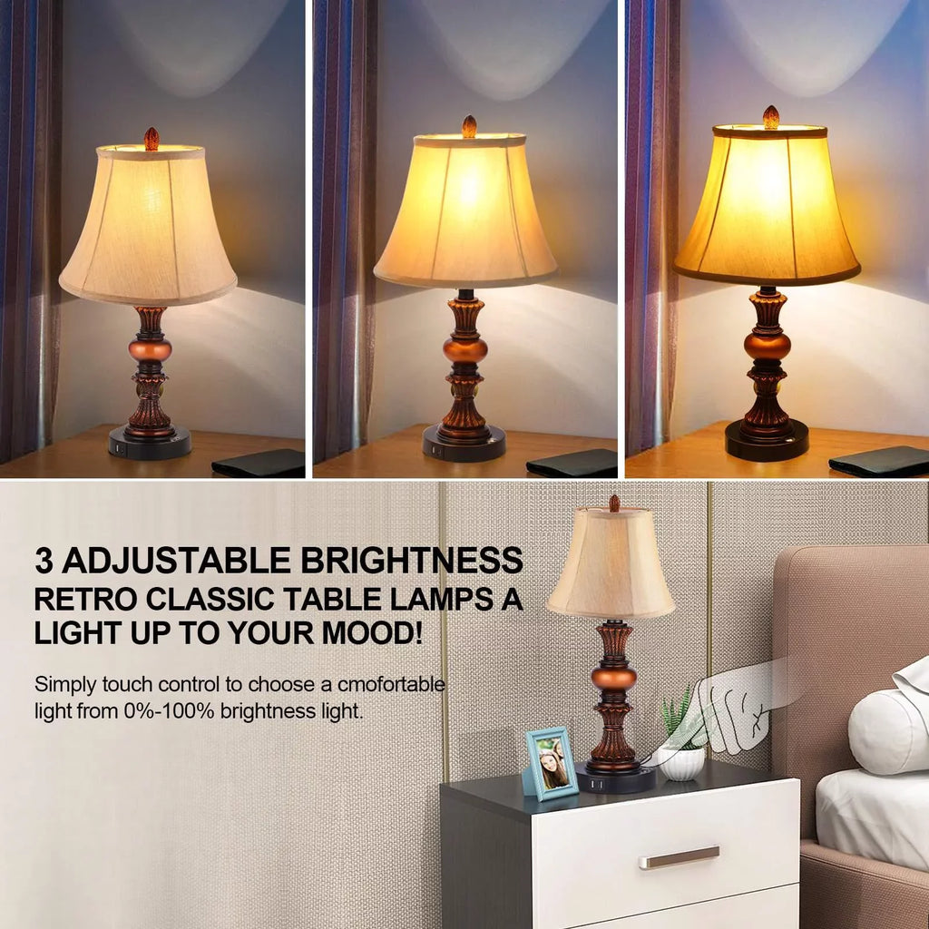 Sets with Port Lamp Lamps, 3-Way USB Table Lamp of 2 Bulbs Touch with Nightstand Traditional Set Lamp Dimmable Control LED Nictiv Free Bedside 2 Wooden Bedroom 4