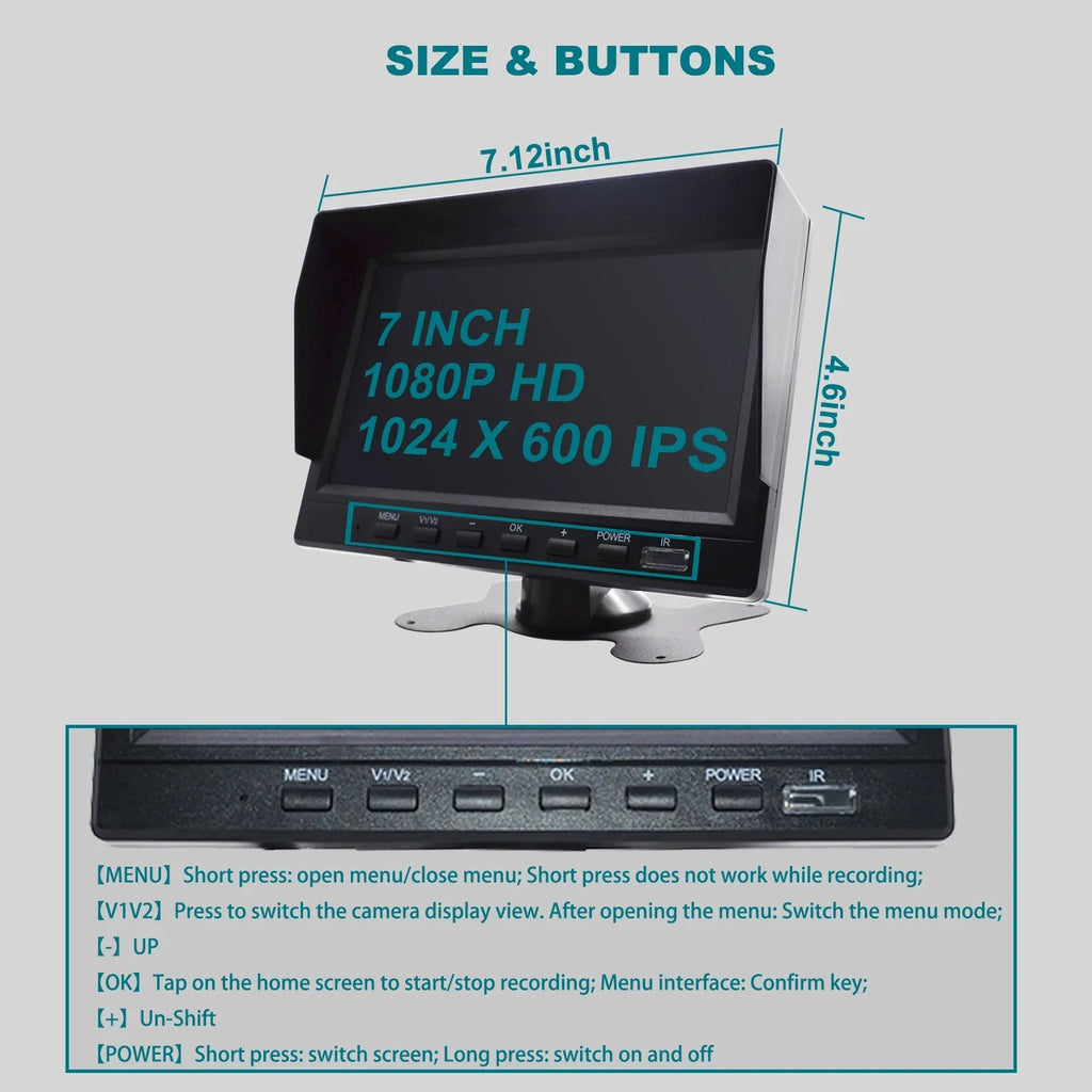 for Camera with Backup DVR RV Monitor Driving 7" Video BSD Bus+2 Truck Recorder