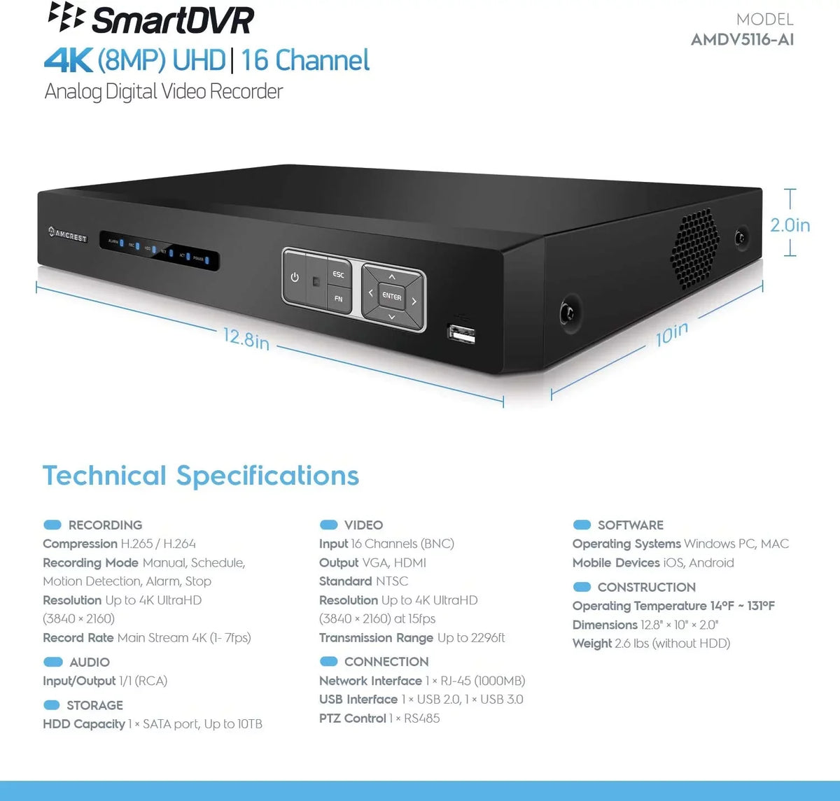 16 IP Security Face (AMDV5116-I3) Human Amcrest Channel Cameras, Amcrest Detection Camera Recognition, DVR Cameras Smart DVR, Vehicle & AI AI for Analog 4K DVR & AI Recorder, Security System