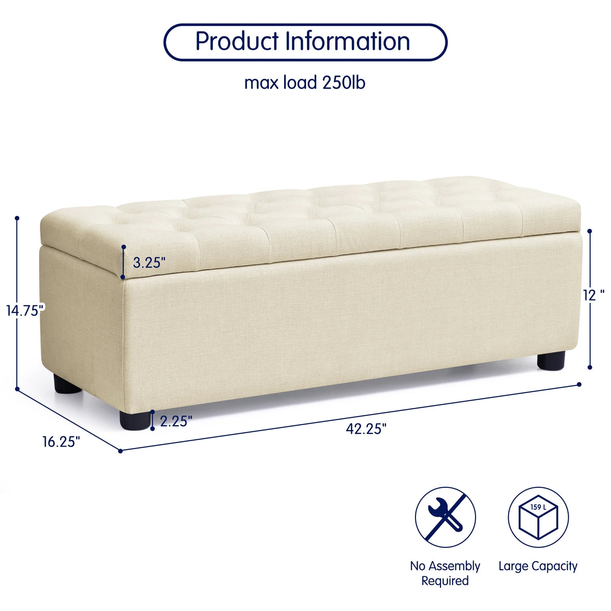 Stool Linen for Storage Storage Plastic Subrtex 40.5" Foot of with Bench Fabric Beige Bed Ottoman with Pads, Bedroom, Legs End Bench Sturdy