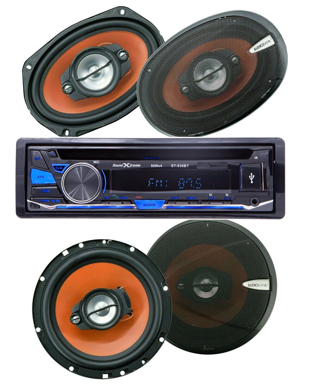 Bundle +4x 6x9" & 6.5" USB Audiobank Speakers Car Bluetooth SD SoundXtreme Receiver FM