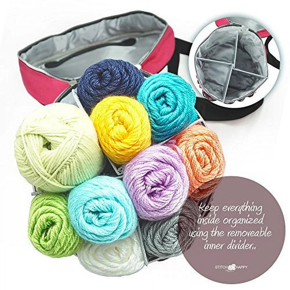 for Supplies by Yarn Storage - & Extra Pockets Knitting Projects, + Organizer Stitch (Fuchsia) Happy Bag Crochet Tote w/Tool 7 Case, of Divider