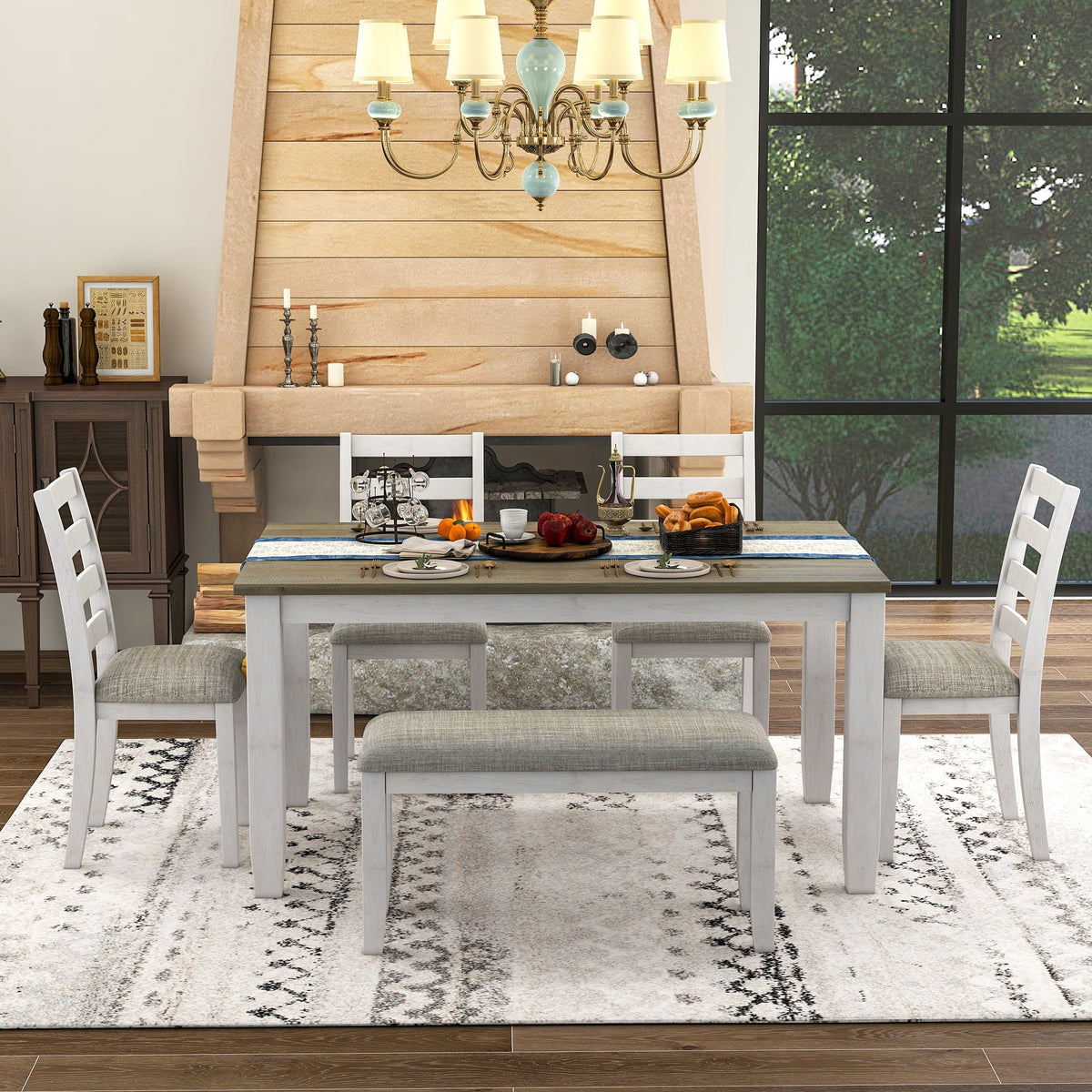 & Brown Room Table Chairs With 4 Style Upholstered Set CoSoTower A Whitewash Rustic Bench, Dining + 6-Piece