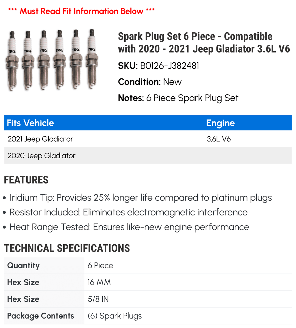 Spark 3.6L Piece Plug Jeep with 2021 2020 Set - V6 6 Compatible - Gladiator