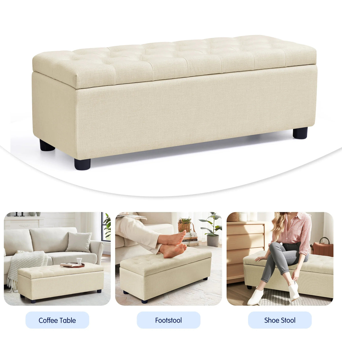 Stool Linen for Storage Storage Plastic Subrtex 40.5" Foot of with Bench Fabric Beige Bed Ottoman with Pads, Bedroom, Legs End Bench Sturdy