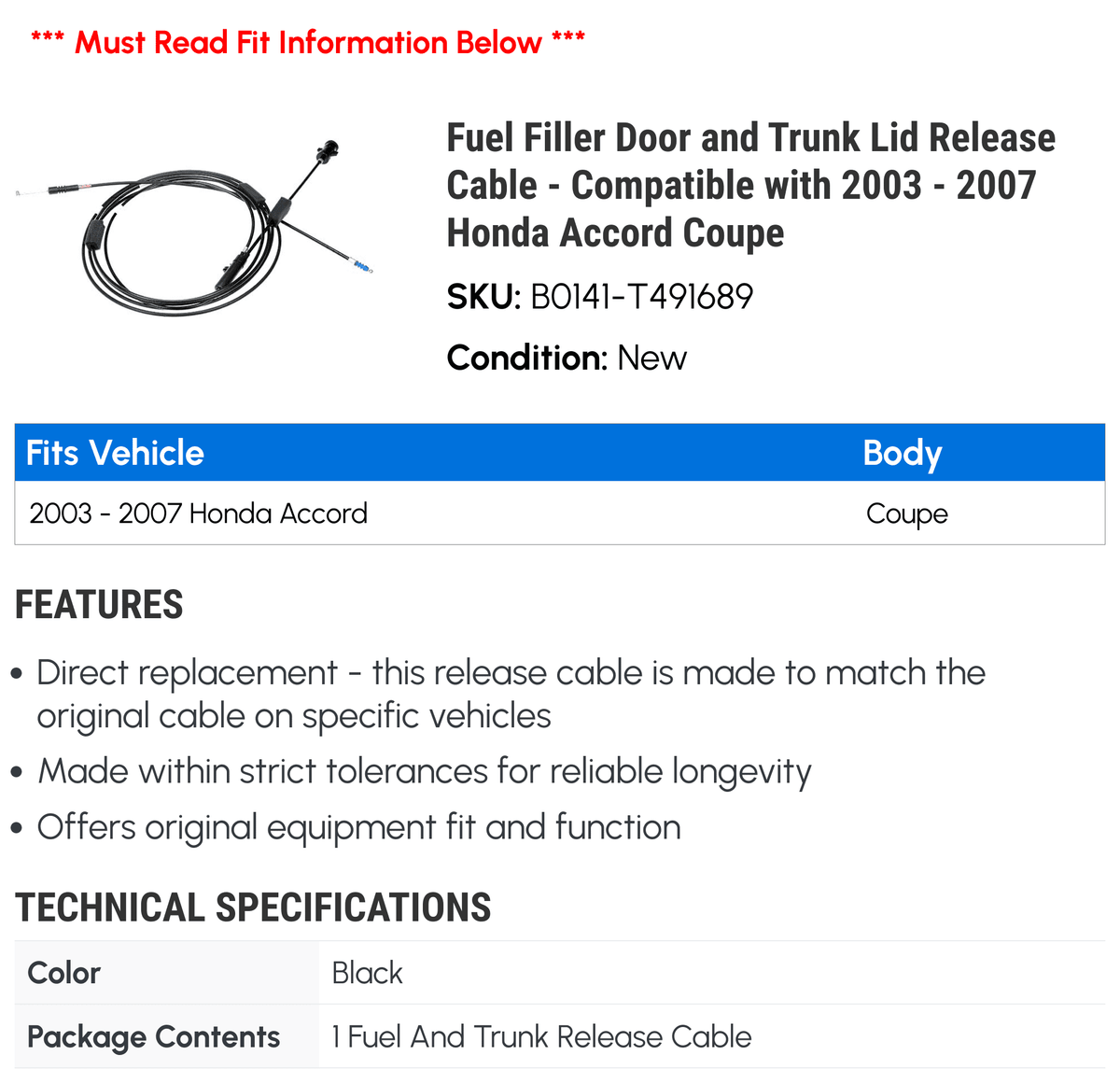 2007 with Filler Coupe Lid 2003 Trunk 2004 Door Cable Accord - Honda 2006 Release - and 2005 Fuel Compatible