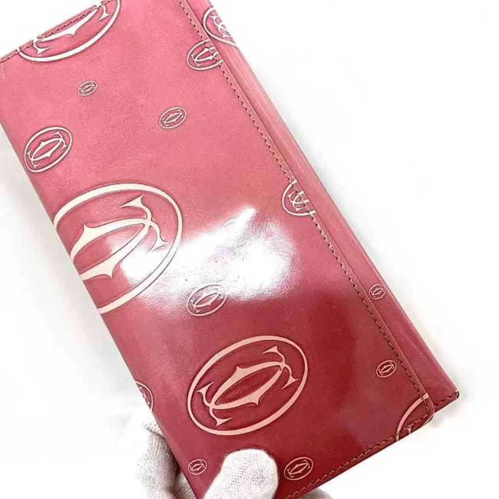 2C Bifold Happy L3000951 Birthday Wallet Pink Leather Pre-Owned Motif Ladies (Fair) Long Cartier