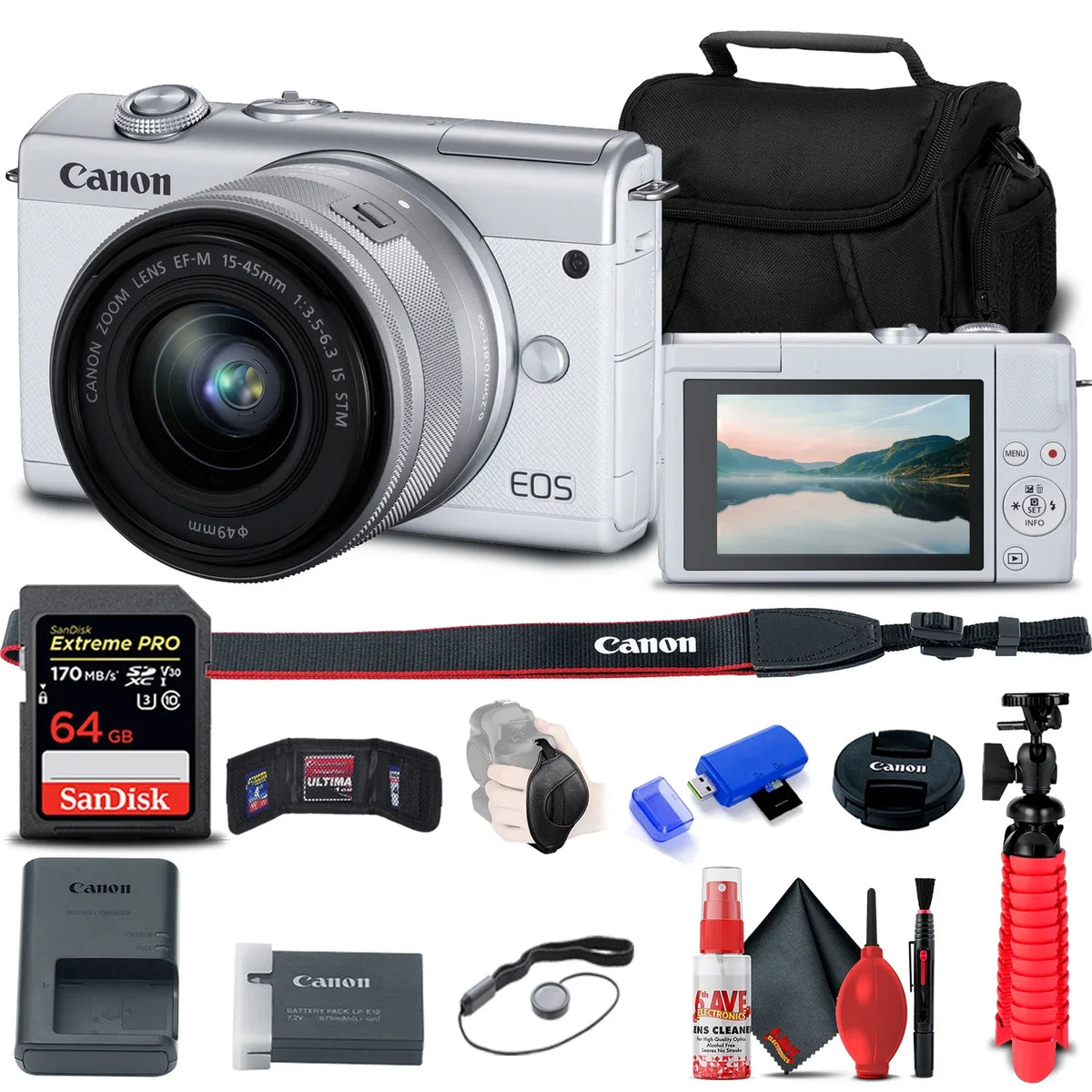 Camera Flex Canon + + Mirrorless + EOS + Kit Strap Cleaning + + Cap Card + Keeper (White) M200 Case with Memory Reader (3700C009) + Card Memory Lens 15-45mm Tripod Hand Wallet 64GB