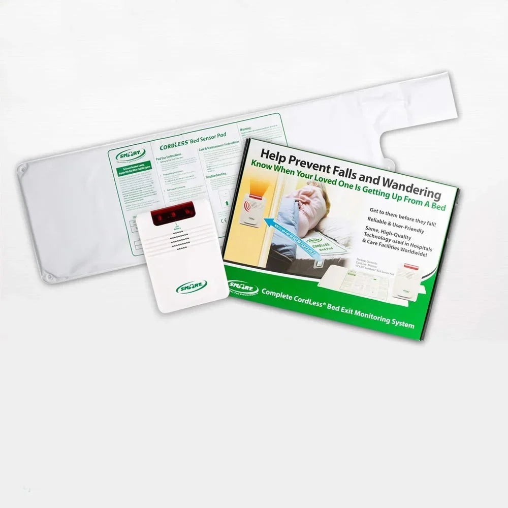 Exit Sensing Pad Monitoring While Falls 2 Piece System and Cordless Smart Caregiver Wandering Prevent Bed - Unattended, with Set Pressure Bed Help Alarm