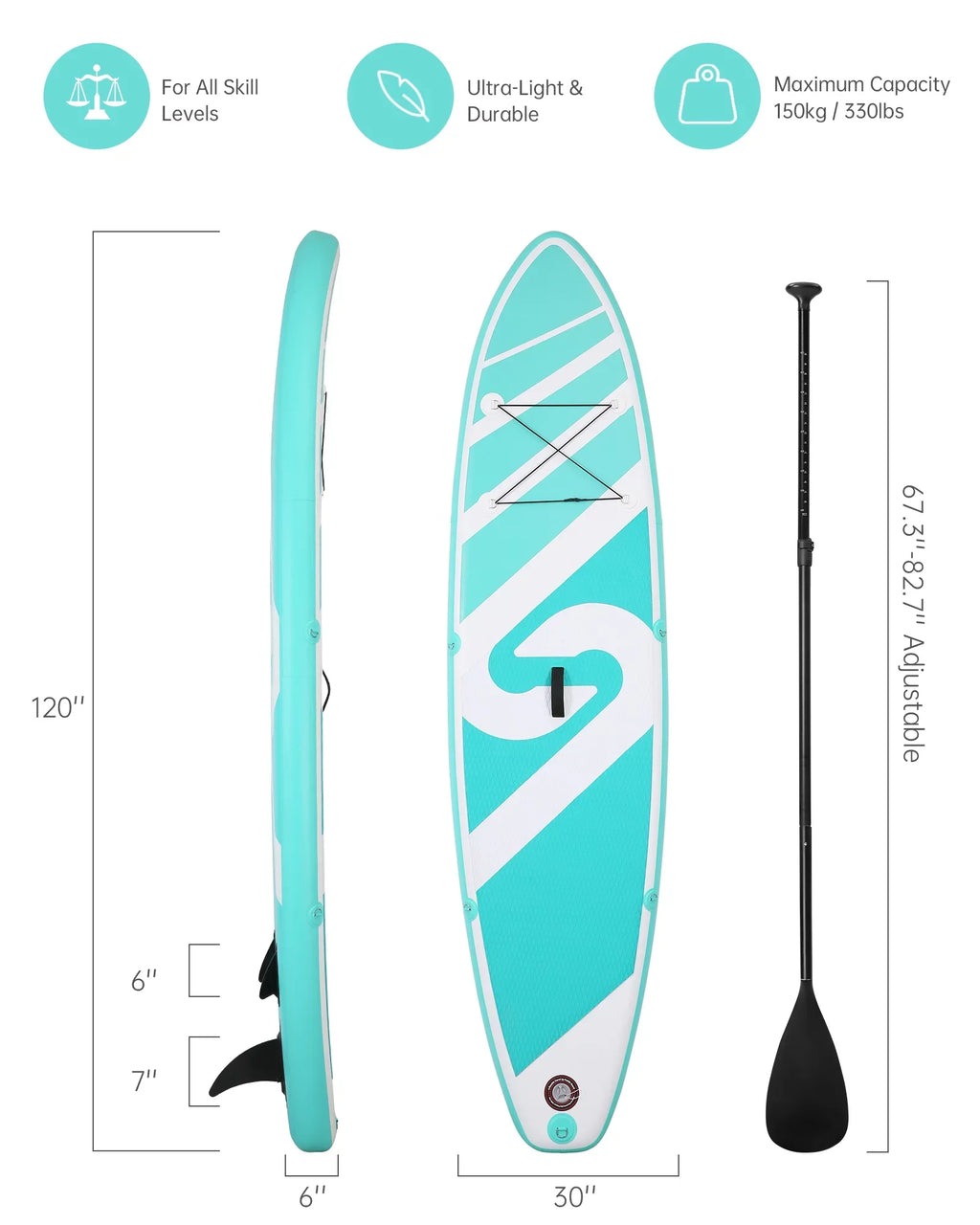 Inflatable Up SUP & Summer Stand Board 120"x30"x6" Youth Paddle Paddle for Board Board with Adults