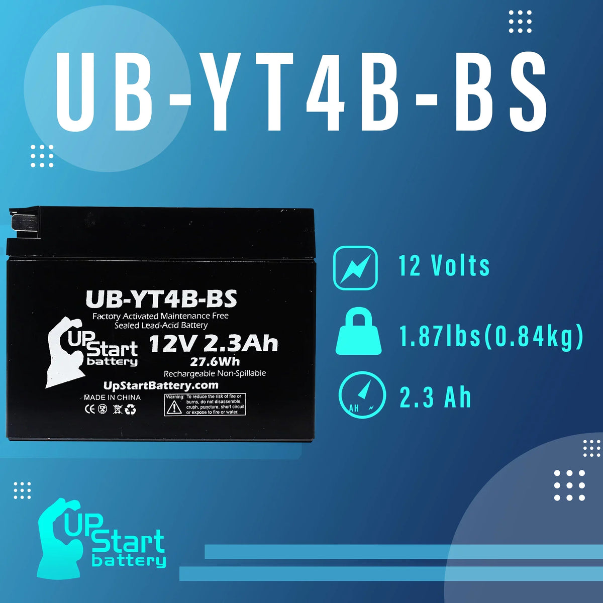 Yamaha Battery 12V, Maintenance 3-Pack Factory UpStart Battery Activated, Replacement Free, SR400 Motorcycle - 2.3Ah, UB-YT4B-BS 400CC 2002 for