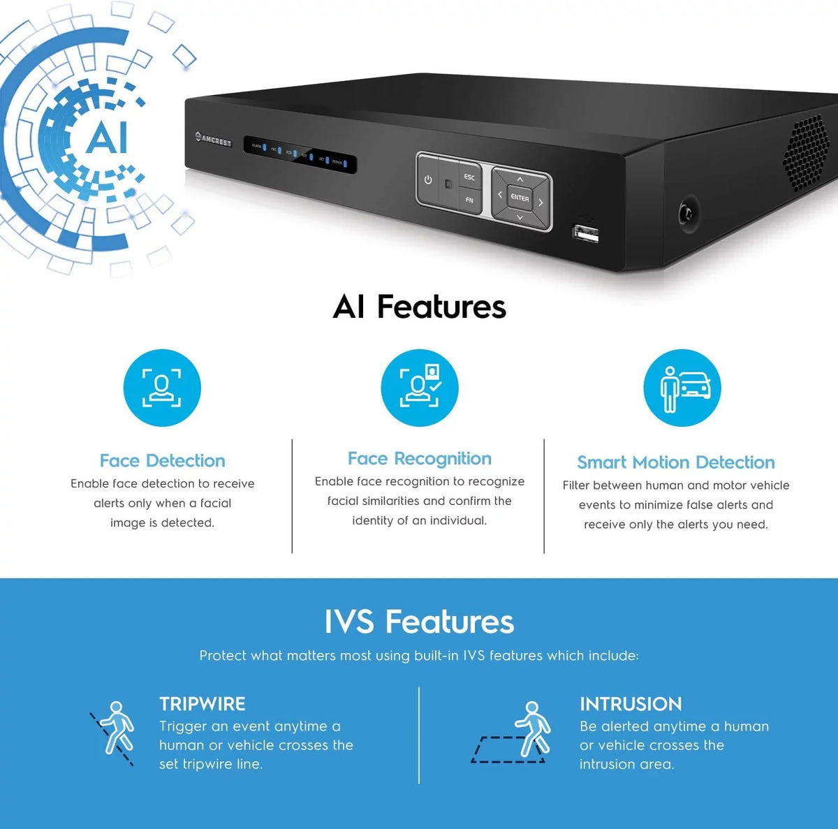 16 IP Security Face (AMDV5116-I3) Human Amcrest Channel Cameras, Amcrest Detection Camera Recognition, DVR Cameras Smart DVR, Vehicle & AI AI for Analog 4K DVR & AI Recorder, Security System