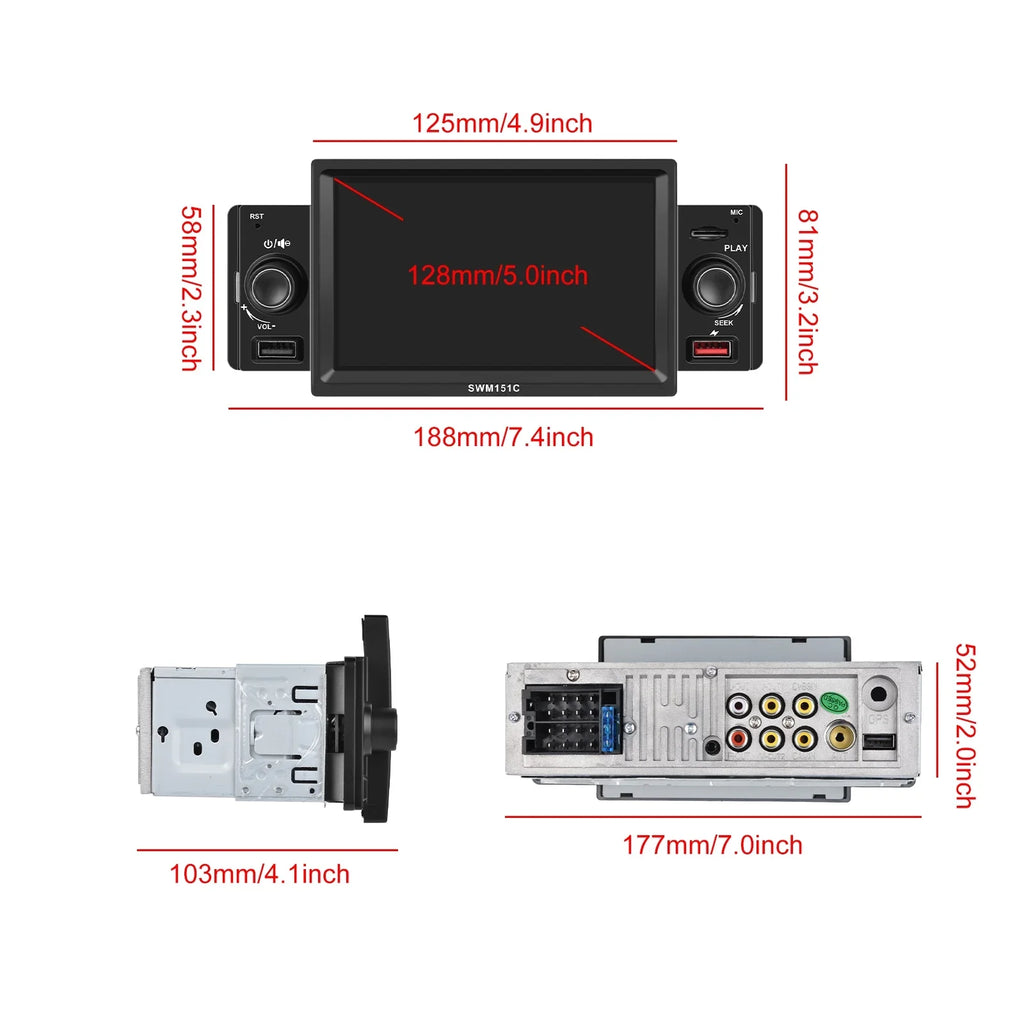 Podofo Bluetooth Player TF/USB Touch Stereo Receiver Support FM Car Radio Rear Car Car with Universal Player Carplay Radio Screen Mp5 Multimedia 5'' View