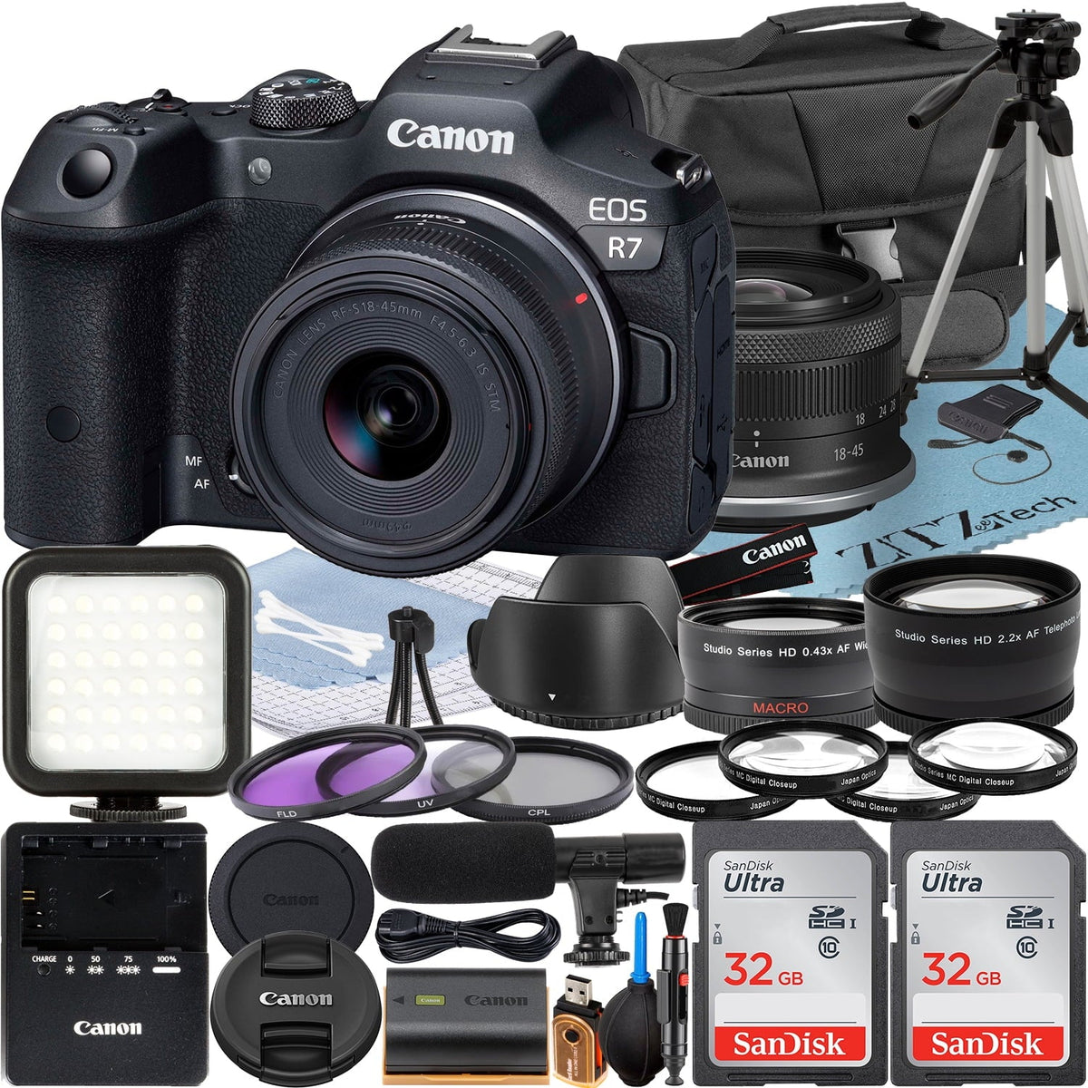 32GB + Accessory Pack Case Camera Adapter RF-S Mirrorless Lens + Mount 18-45mm with R7 2 ZeeTech + Canon EOS Card Memory + SanDisk