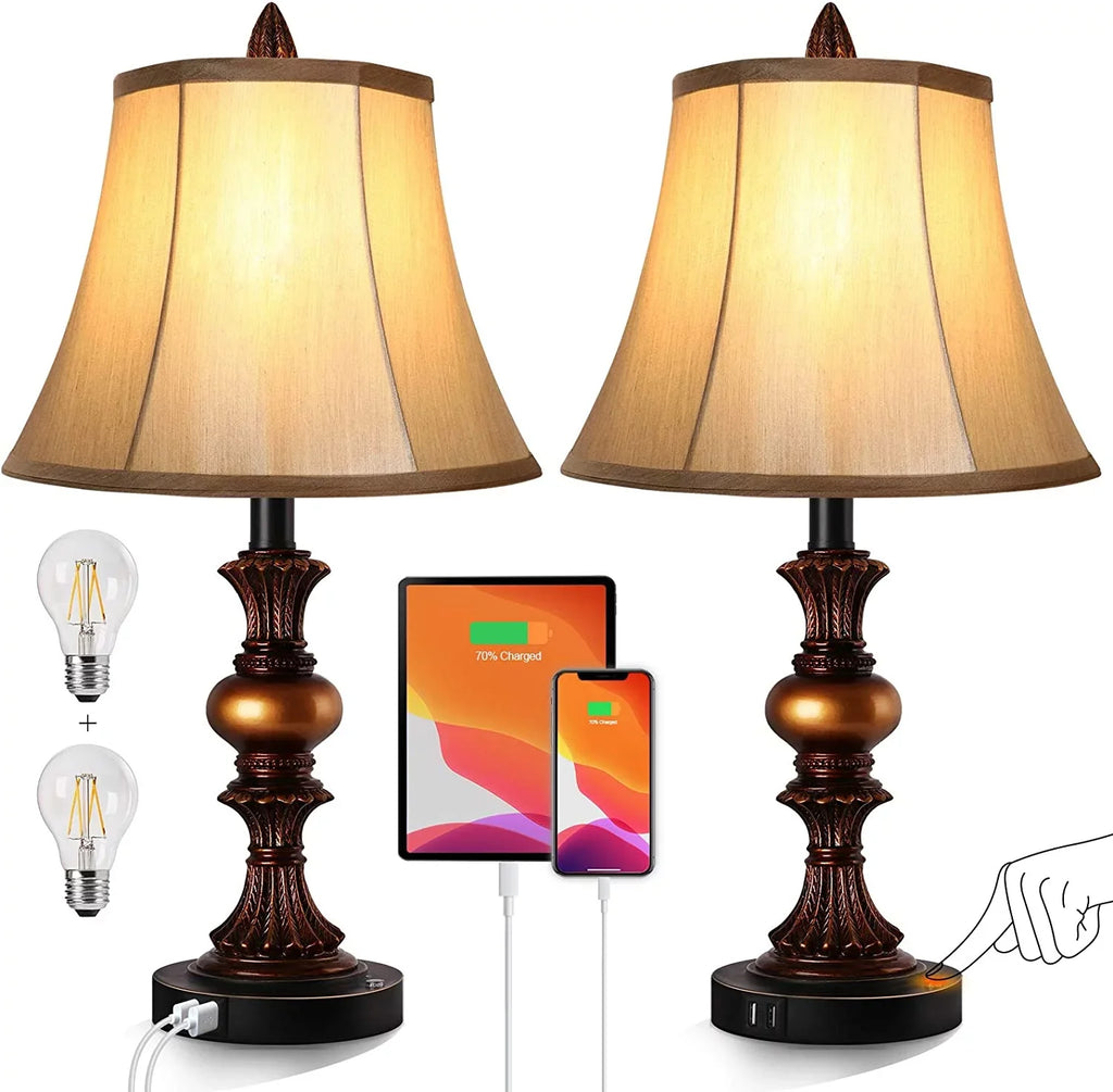 Sets with Port Lamp Lamps, 3-Way USB Table Lamp of 2 Bulbs Touch with Nightstand Traditional Set Lamp Dimmable Control LED Nictiv Free Bedside 2 Wooden Bedroom 4