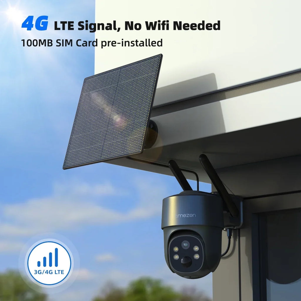 Security Home 3MP WiFi TMEZON Color Waterproof with Camera IP66 LTE Solar Spotlight Camera Cellular Powered, Wireless Night 4G Surveillance Surveillance Vision Camera