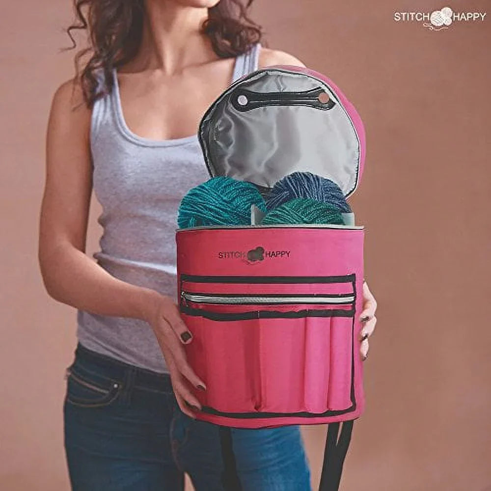 for Supplies by Yarn Storage - & Extra Pockets Knitting Projects, + Organizer Stitch (Fuchsia) Happy Bag Crochet Tote w/Tool 7 Case, of Divider