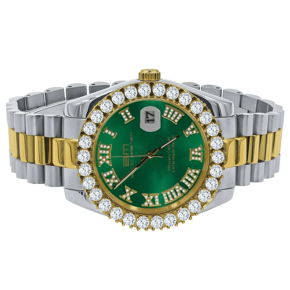 Watch Diamond Gold Mens 2 Green 42mm Dial Face 18k Full Stainless Numbers Tone Steel Roman
