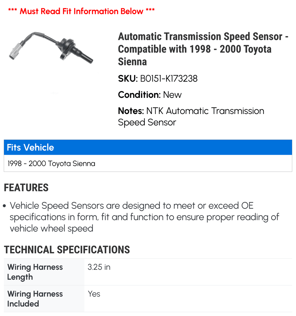 Sensor with 1998 - - Sienna Transmission 2000 Automatic Speed Toyota 1999 Compatible