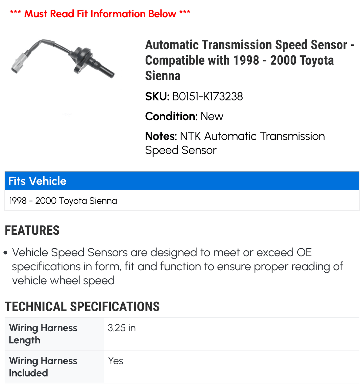 Sensor with 1998 - - Sienna Transmission 2000 Automatic Speed Toyota 1999 Compatible