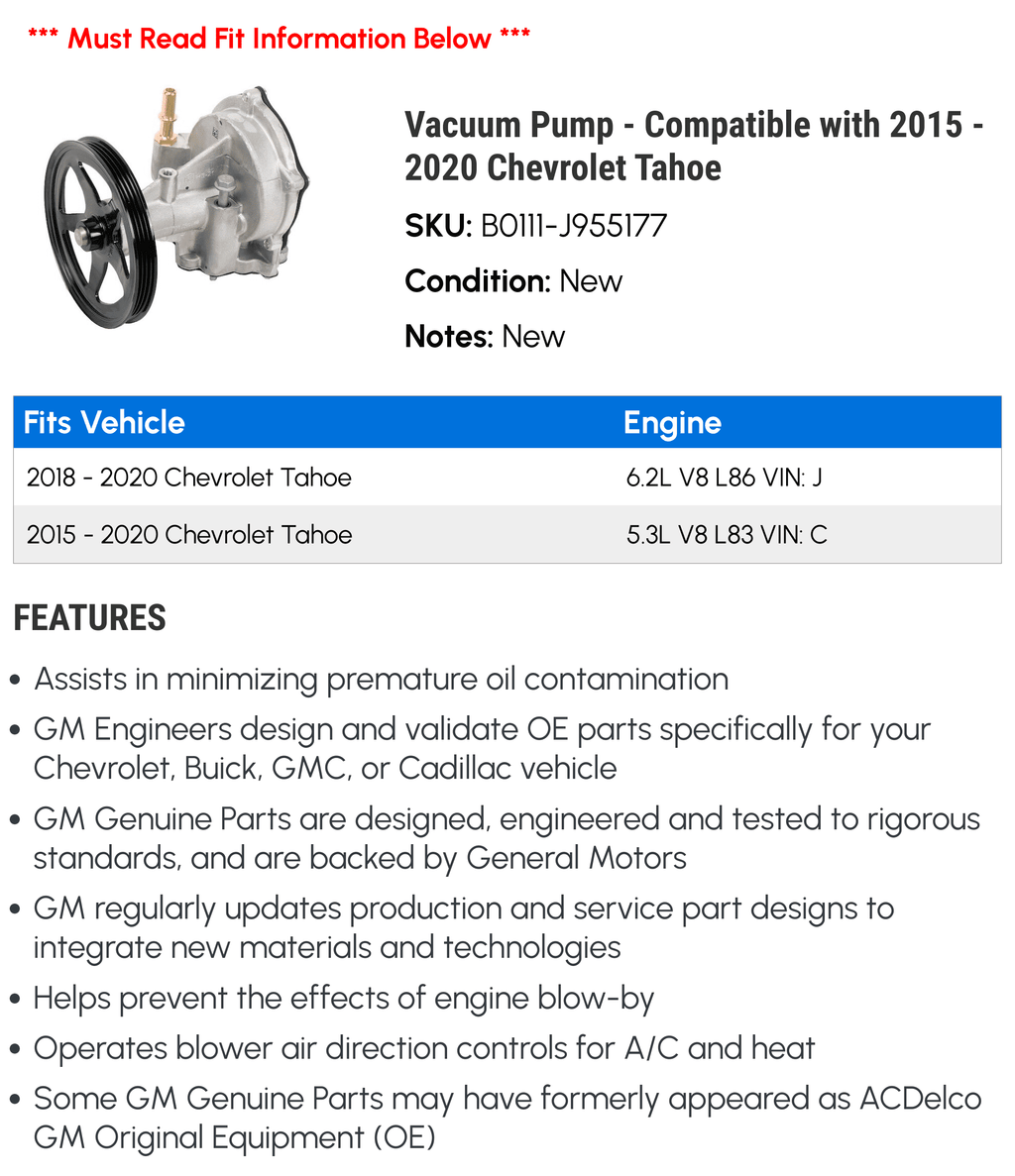 2015 2018 2019 2017 - 2020 with Tahoe Pump Chevy - Compatible Vacuum 2016