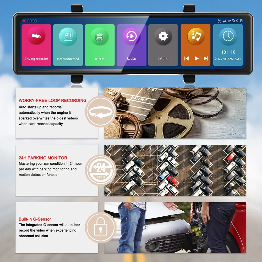 BT Recording Cameras, 2.5K Video 12in Cam: the Touchscreen, Moment Mirror Capture Connectivity, 3 - Auto Driving on Rearview - Clear Every Dash Road Recorder
