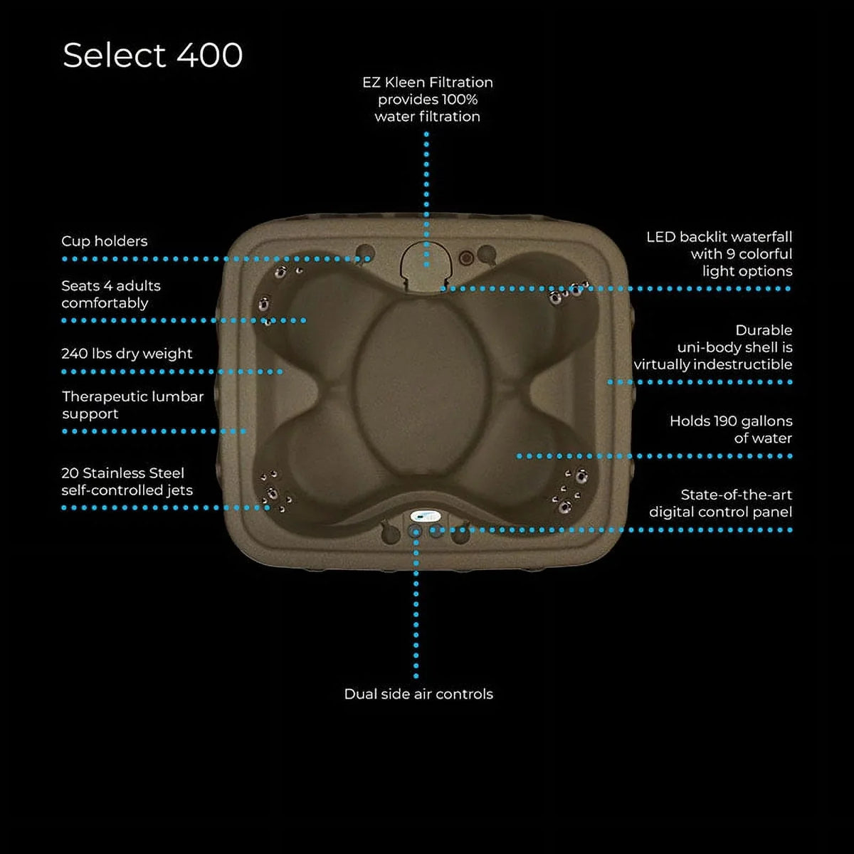 AR-400 w/LED Aquarest waterfall 20 - Tub Jet- Jacuzzi® and Powered Plug Play Select Person By - Brownstone Hot Spas 4-