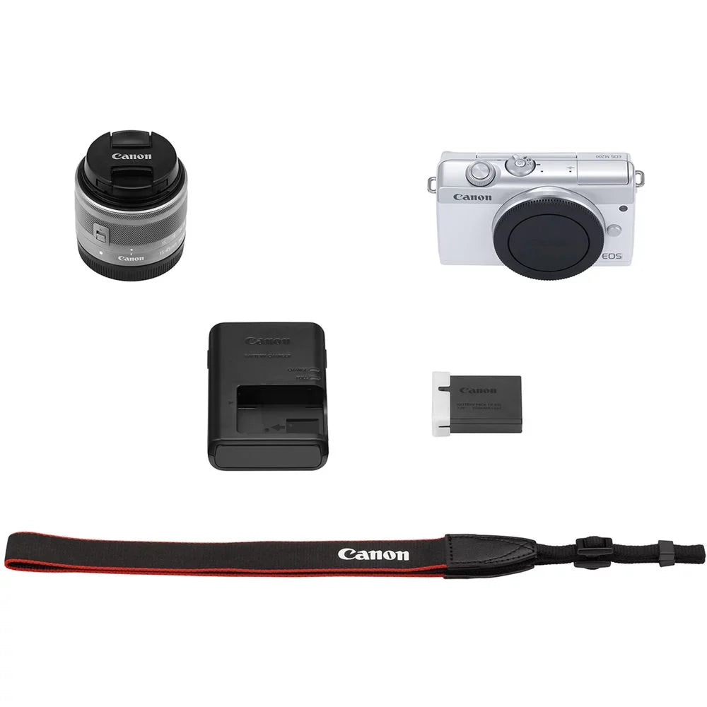 Camera Flex Canon + + Mirrorless + EOS + Kit Strap Cleaning + + Cap Card + Keeper (White) M200 Case with Memory Reader (3700C009) + Card Memory Lens 15-45mm Tripod Hand Wallet 64GB