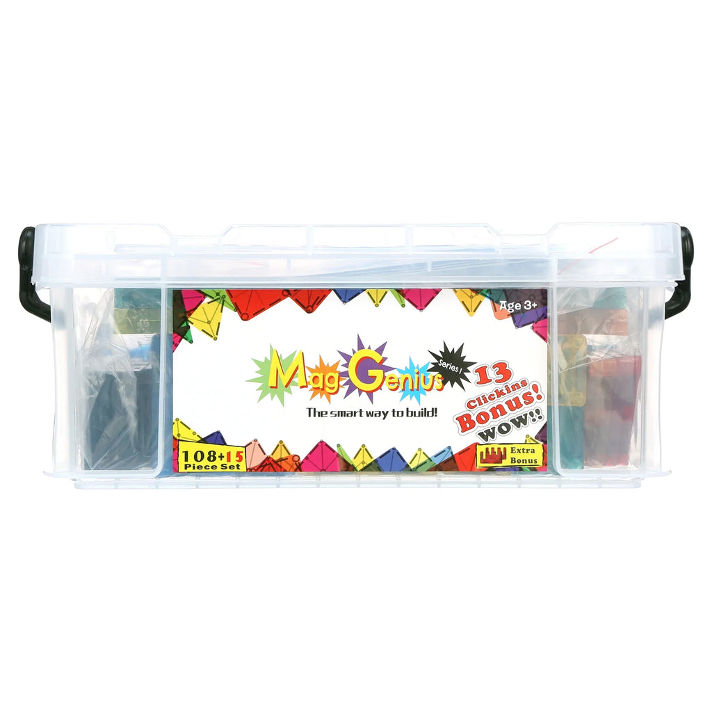 Storage 3D Includes Mag-Genius Free Award And + Tiles Building Pieces Set Brain Cars 105 Blocks Clear Winning 2 of Magnet building Colours Bin