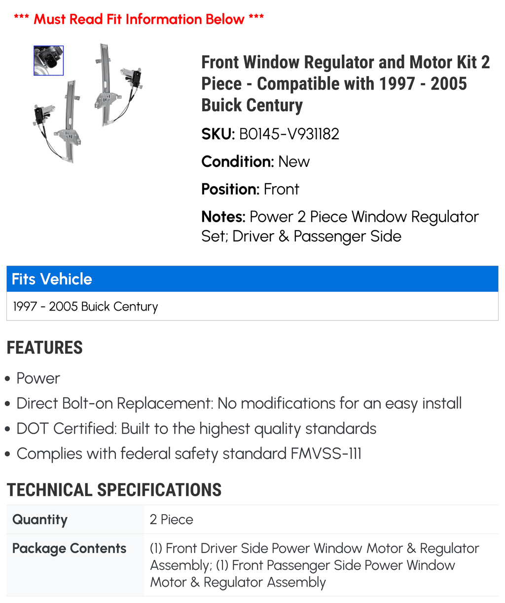 2003 Piece 1999 with Motor Buick Century - Compatible Regulator - 2002 Front 2005 and Window 2004 1998 2001 Kit 2000 2 1997