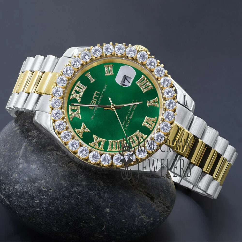 Watch Diamond Gold Mens 2 Green 42mm Dial Face 18k Full Stainless Numbers Tone Steel Roman