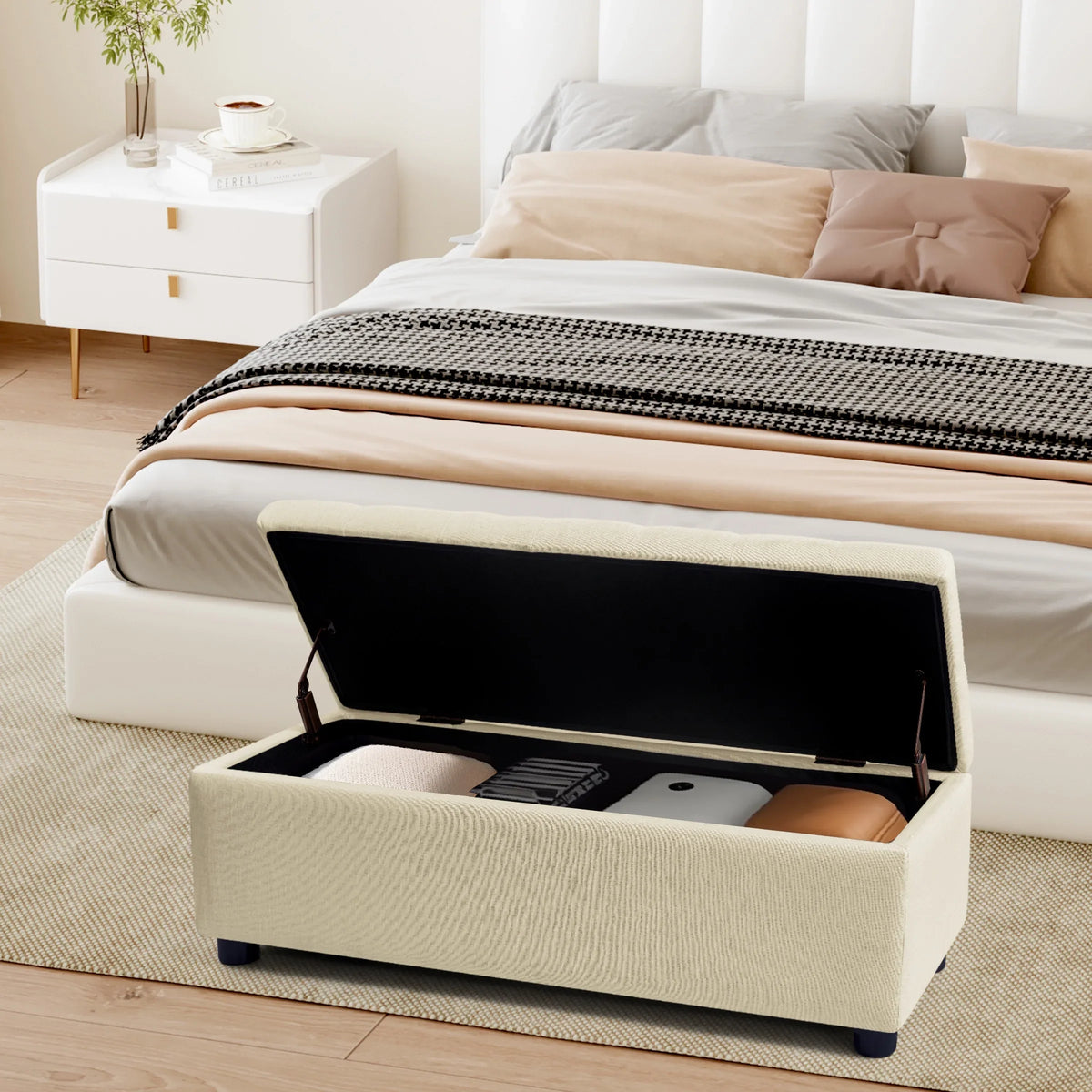 Stool Linen for Storage Storage Plastic Subrtex 40.5" Foot of with Bench Fabric Beige Bed Ottoman with Pads, Bedroom, Legs End Bench Sturdy