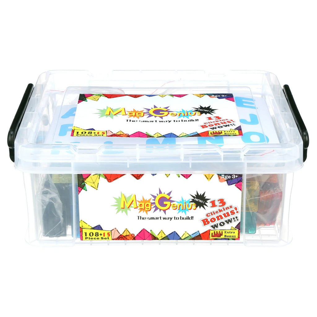 Storage 3D Includes Mag-Genius Free Award And + Tiles Building Pieces Set Brain Cars 105 Blocks Clear Winning 2 of Magnet building Colours Bin