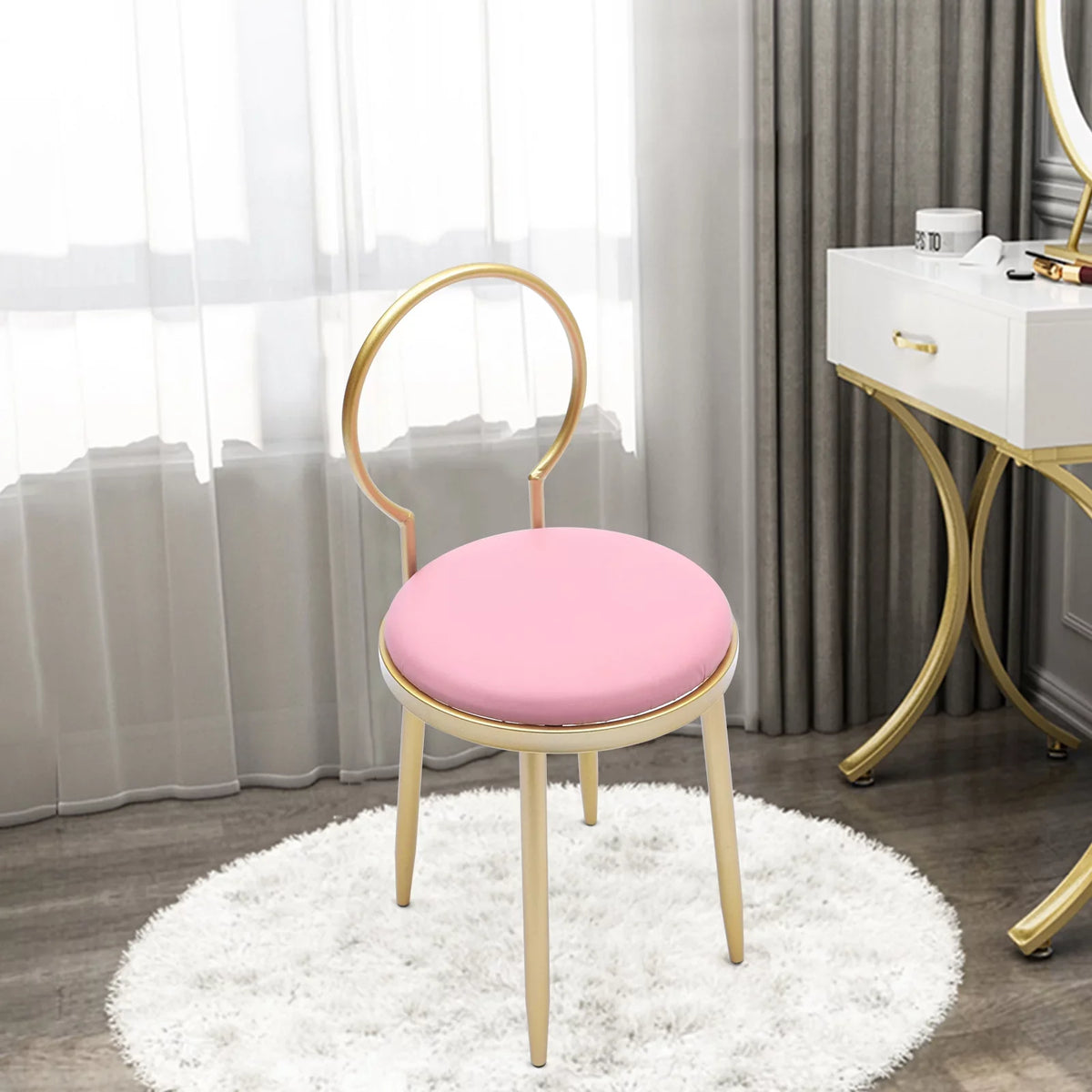 Gold 13.78*12.2*27.36" Dresser Chair, Vanity Iron + Simple + Stool Sponge Anqidi Pink Leather Pink