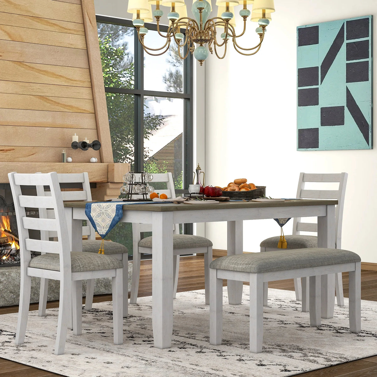 & Brown Room Table Chairs With 4 Style Upholstered Set CoSoTower A Whitewash Rustic Bench, Dining + 6-Piece