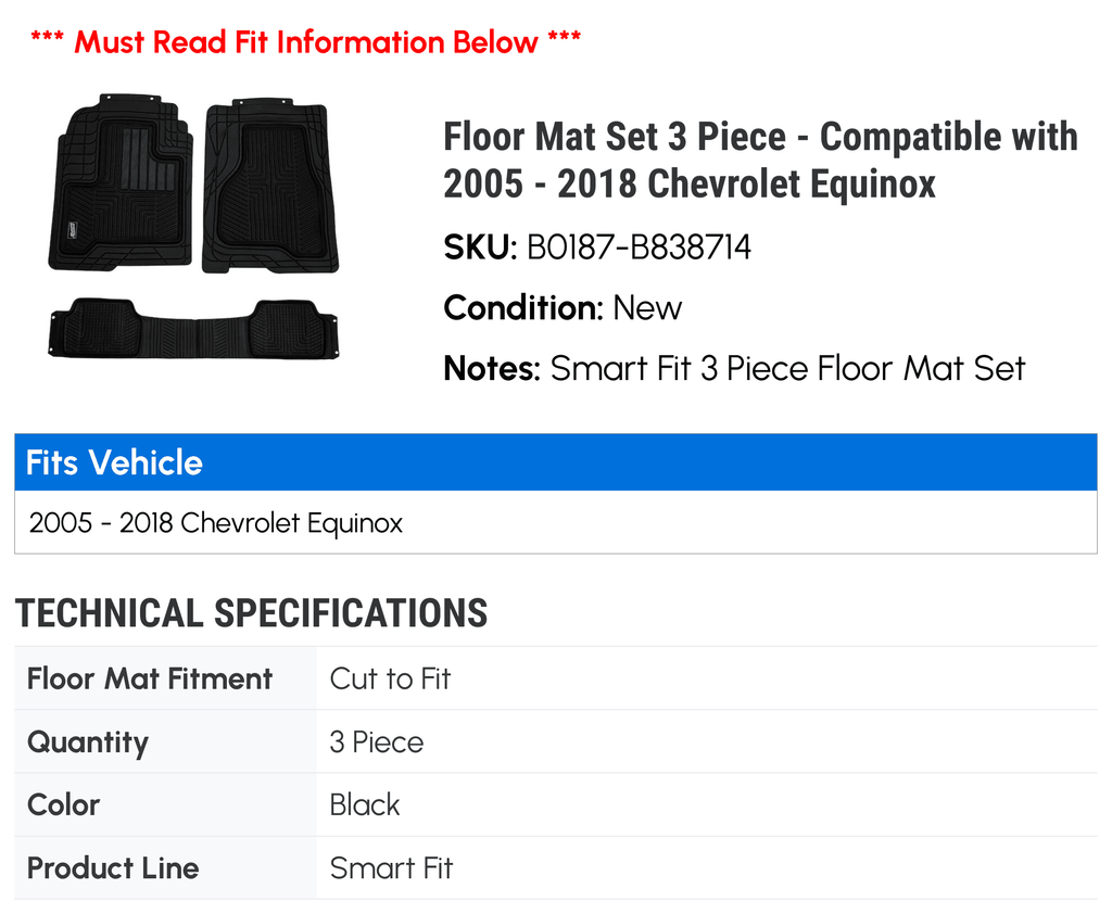 Equinox 2008 2009 2016 with 3 - Compatible 2018 2015 Set Mat 2013 2005 2017 2007 2006 2010 Chevy 2014 2012 Piece Floor - 2011