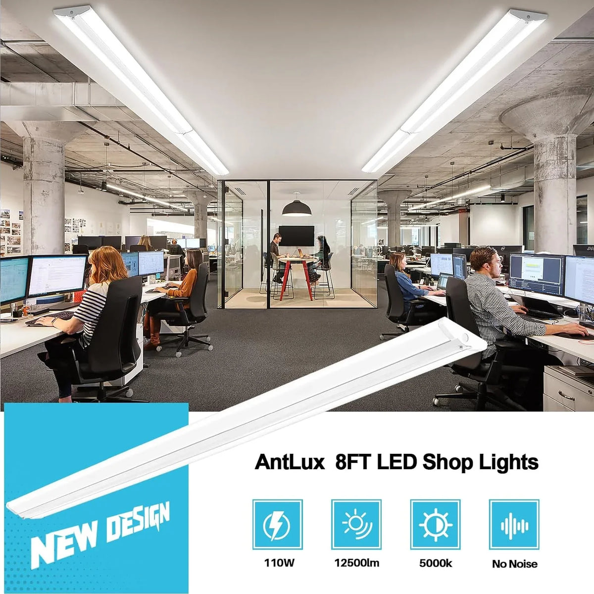 Slim QCAI Lights, Fluorescent for Compact 4 12500LM, Strip T8 110W [6-lamp Warehouse, Light Garage Equiv.], Mount LED 5000K, 8 Shop Wraparound Pack Commercial LED 8FT Foot Office Ultra Grade Flush