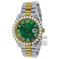 Watch Diamond Gold Mens 2 Green 42mm Dial Face 18k Full Stainless Numbers Tone Steel Roman