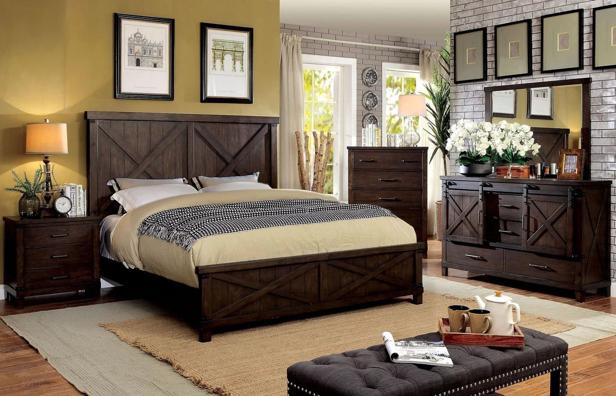 King Bedroom Bed HB Transitional 1pc Solid Style Dark Bed Rustic Size Eastern Style Plank Furniture Walnut FB Wood