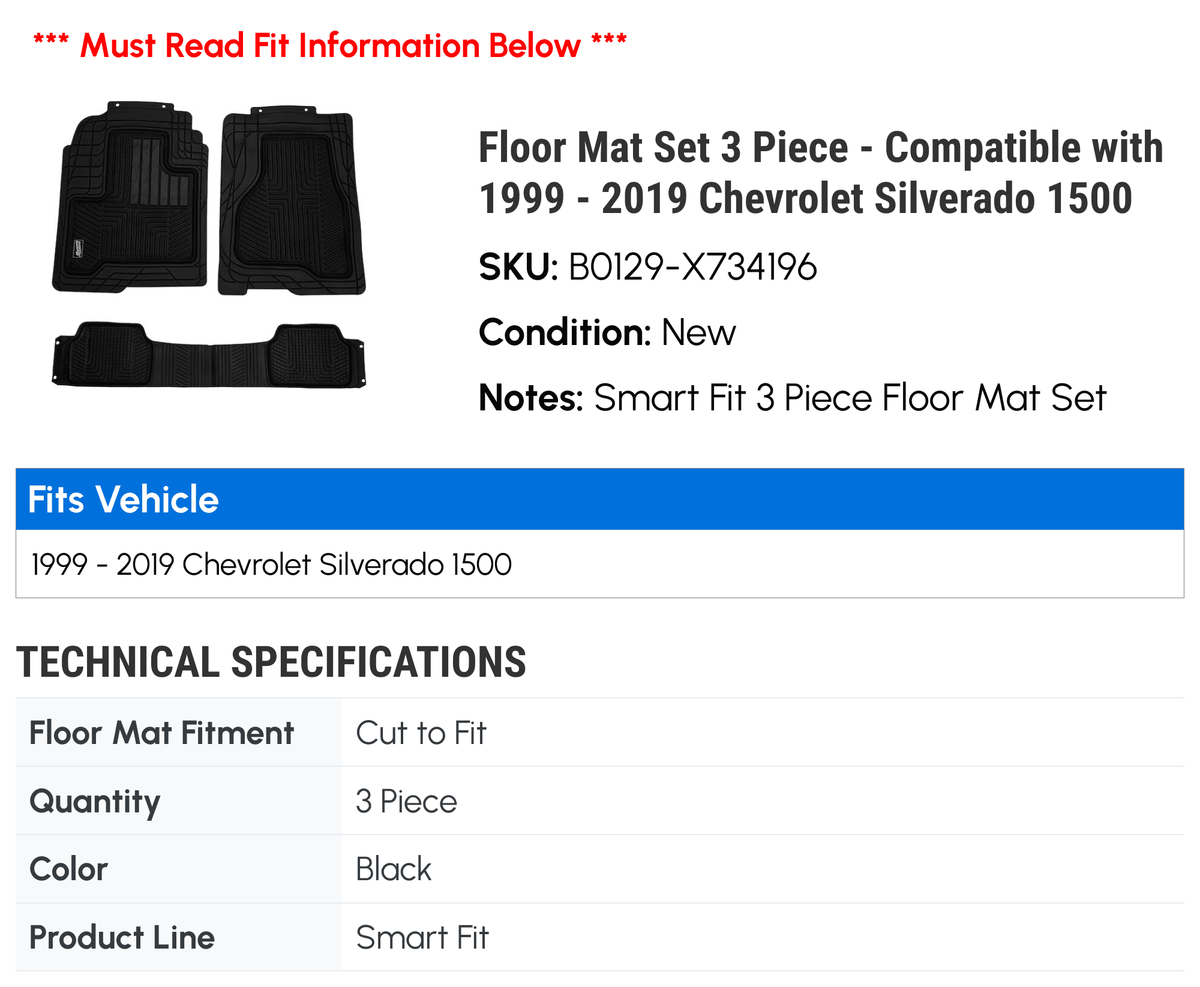 Floor 2014 HD 2006 - 2500 2019 2015 2016 with Piece 2007 2012 2002 2008 2009 2005 Chevy Compatible 2013 2017 2018 2003 3 2010 Set - Mat Silverado 2004 2001 2011