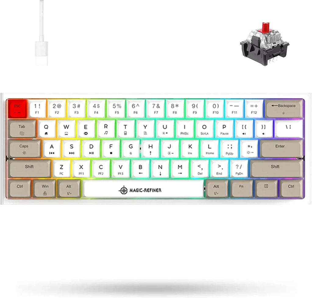 14 Keycap, Grey/Red Mechanical Pc/Windows/Mac/Ps4/Xbox Portable For Keyboard, Chroma Gaming (White Type Full Switch) 60% C Wired, Rgb Backlight, Anti-Ghosting, Dye-Sublimation